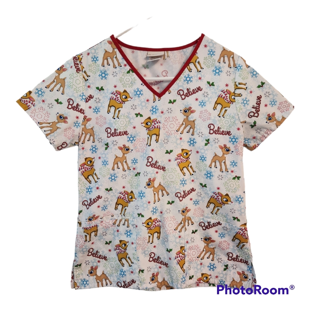 Rudolph the Red Nosed Reindeer Nurse Scrub Top Size XSmall Nurse CNA Dental